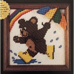 Vintage 1981 Dimensions Needlepoint Kit April Showers Bear Rainbow Umbrella 5x5"